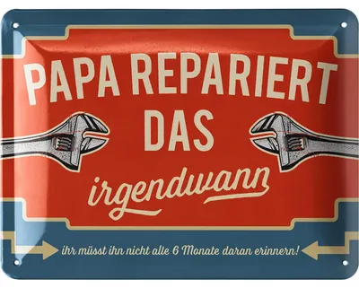 Produktbild von LANOLU Blechschild Papa repariert das irgendwann, retro Werkstatt Schild Papa zum Vatertag, Vatertagsgeschenk, vintage Metallschild 15x20cm