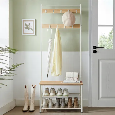 Obrázek produktu pro VASAGLE věšák na kabáty, věšák na šaty, s lavicí na boty, provedení 3 v 1, ocel, pro vstupní prostor, předsíň, 32 x 70 x 175 cm, moderní, dub-barevná-bílá HSR041W09