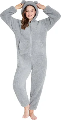 Productafbeelding van Fleece onesie voor dames met capuchon en 3D-oren, teddy-look, grijs, maten S-XL