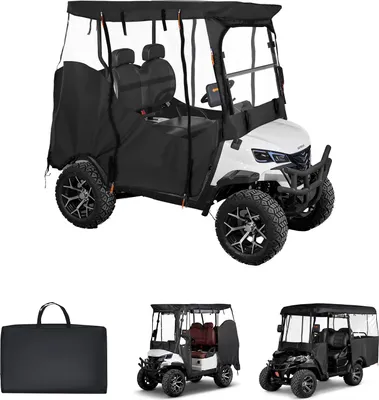 Obrázok produktu pre SucceBuy Odolný kryt pre 2-miestny golfový vozík (kompatibilný s väčšinou modelov Club Car, Yamaha, EZGO a Honda), vyrobený z odolnej tkaniny 600D Oxford sPolyuretánpovrchovou úpravou a vetruodolným upevňovacím systémom.