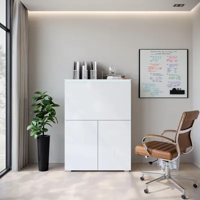 Image de Bureau HERMINA 90 - blanc / blanc brillant + éclairage LED offert