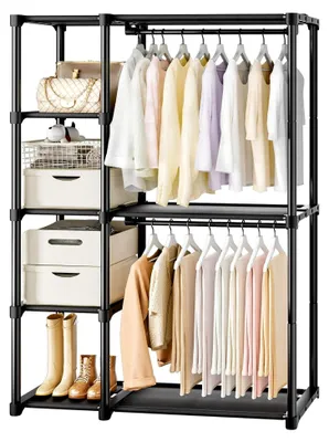 Produktbild von Offener Kleiderschrank, 4-stöckiger Kleiderständer, Kleiderstange, Garderobe, 2 Hängefächer, viel Platz, für Wohnzimmer und Schlafzimmer, 40 x 121 x 161 cm, Schwarz
