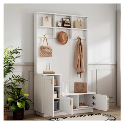 Produktbild von Garderoben Set Wandgarderobe mit Schuhbank und 3 goldenen Haken, Flurgarderobe mit 3 offenen Staufächern und 2 Schränken für Flur, Wohnzimmer, 120×40×200cm, Weiß