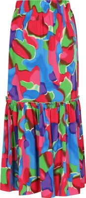 Produktbild von Damen A-Linien Midi-Rock Boho-Stil Lagenoptik Rüschensaum abstrakter Print rosa XL