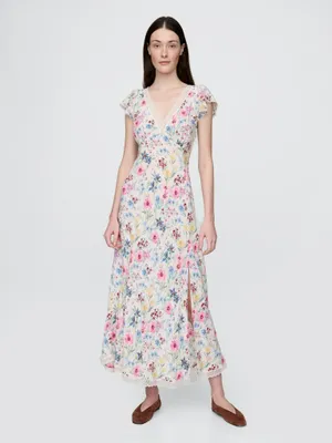 Produktbild von GAP Geblümtes Crêpe Maxikleid mit Spitzendetails, ausgestelltem Schnitt, XXS