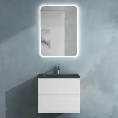 Image de doporro Meuble de Salle de Bain Suspendu Blanc Mat 60x48x50cm Ensemble de 3 Pièces Meuble avec Lavabo Gris Noir Mat Solid Surface et Led Miroir Design Aqualis