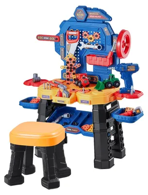 Produktbild von VEVOR Kinderwerkbank, 56 Teile, Kinderwerkbank mit realistischen Werkzeugen und elektrischem Bohrer, Rollenspiel-Bauwerkbank-Spielzeug für Kleinkinder, Lern-Geschenk für Jungen und Mädchen ab 3 Jahren, 80cm