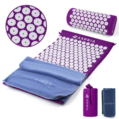 Image de Kit d'acupression Aspria Lila, tapis et coussin d'acupression pour la relaxation, tapis d'acupression violet + serviette extra-épaisse + sac de rangement