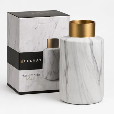 Produktbild von BELMAS Vase Marmor Design Keramikvase mit Goldrand Deko Vase modern für Wohnzimmer Esszimmer Flur