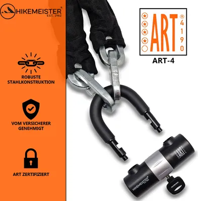 Produktbild von HikeMeister® Kettenschloss Fahrradschloss | Hohe Sicherheitsstufe | ART 4 Zertifikat | Schloss für Roller E-Scooter Motorrad Moped E-Bike & hochwertiges Fahrrad Kette 120 cm - Dicke: 11 mm
