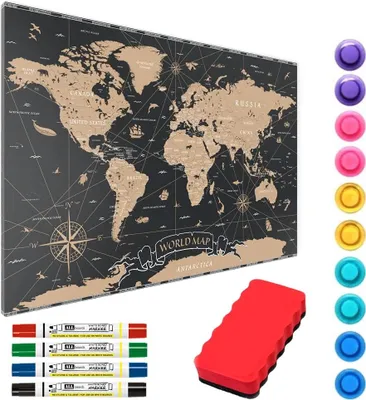 A scratch-off world map with accessories like markers, magnets, and an eraser, displayed on a white background.