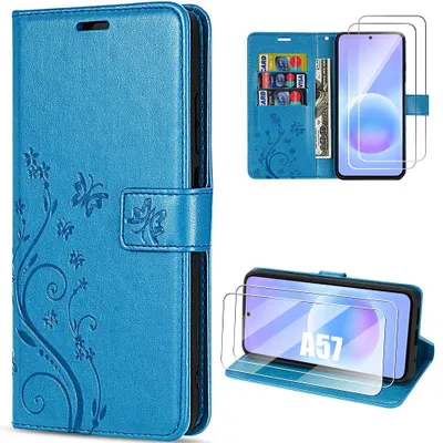 Image de Coque + 2 Verres Trempés pour Samsung Galaxy A57 5G, Anti-Rayures Synthécuir Relief Floral - Bleu