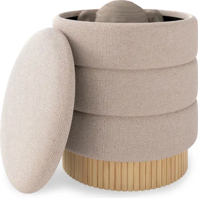 Zdjęcie produktu dla Taboret COSTWAY z miejscem do przechowywania 35,5 l, stylowy taboret z pokrywą, tapicerowany taboret okrągły φ43 cm, taboret do makijażu, podnóżek tapicerowany z drewnianą podstawą