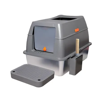 Image de FATIVO Bac à litière avec couvercle Acier inoxydable : Bac à litière fermé XXL avec double niveau de filtration et pelle Bord élevé collant et anti-fuite, Gris