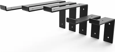 A set of black metal shelf brackets arranged on a white background.