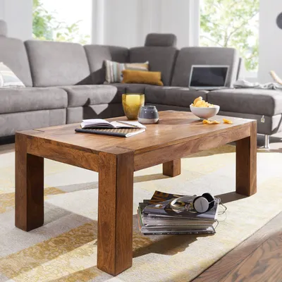 Obrázok produktu pre FineBuy Konferenčný stolík Sheesham z masívneho dreva 110 cm - Obdĺžnikový stôl do obývačky z pravého dreva - Ručne vyrobený rozkladací stolík v dizajne vidieckeho domu