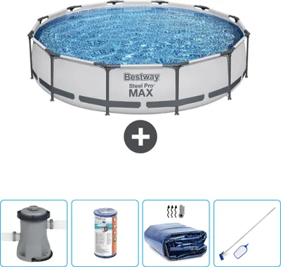 Produktbild von Bestway Round Steel Pro MAX Schwimmbad – 366 x 76 cm – Grau – inklusive Pumpe Filter - Sonnensegel - Reinigungskit