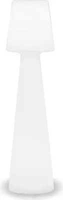 A white outdoor floor lamp with a conical base and a bell-shaped top.