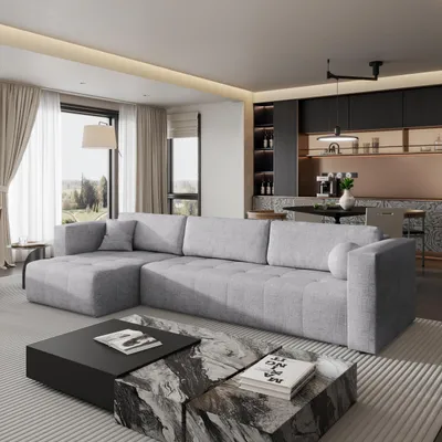 Produktbild von Masseno Ecksofa OLVERA mit Schlaffunktion L-Form, Sofa mit Bettkasten, Wohnzimmersofa, Couch, Soffa, Bettsofa, Couchgarnitur- Hellgrau, NEVE 83