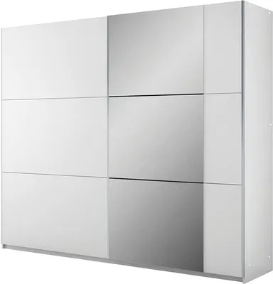 A three-door sliding wardrobe with a combination of white and mirrored panels.