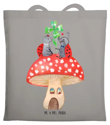 Produktbild von Mr. & Mrs. Panda Tote Bag Marienkäfer Fliegenpilz - Light Grey - Geschenk, Laptoptasche, Lustige Sprüche, Jutebeutel, Fleigenpilzhaus, Tasche, Shopping, Wohnung, Zuhause