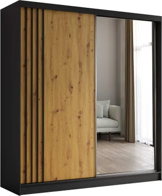 Produktbild von AGMAT Schwebetürenschrank Lugo, Kleiderschrank mit 2 Türen und Spiegel, Moderne Garderobe in Farbe: Schwarz / Artisan, Schrank in Größe: 200 x 216 x 61 cm