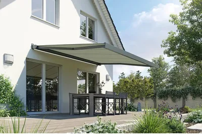 Produktbild von SOLUNA Kassettenmarkise Modern 5x2,5 Stoff Dessin 320968 Gestell RAL 7016 anthrazitgrau Antrieb rechts inkl. Motor und W