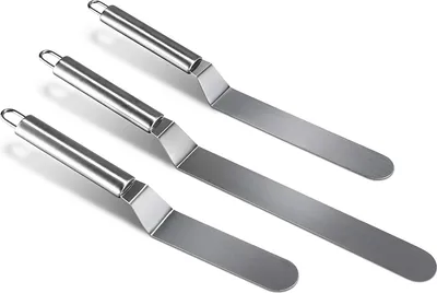 Produktbild von Winkelpalette Edelstahl Set - 3 Stück Winkelpaletten Kuchenmesser, Tortenmesser, Glasurmesser, Konditorenmesser, Tortenglätter für Fondant und Kuchen Dekorieren