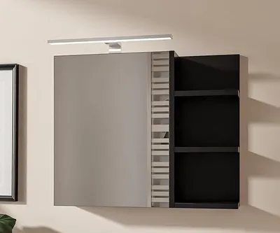 Produktbild von Schwarz Badezimmerschrank mit LED Beleuchtung, B:60 x H:50 cm Spiegelschrank Bad 1 Tür Hängeschrank Badezimmer Griffloser Öffnung Aufsatzleuchte mit Schwarz Gehäuse Ablagen Rechts