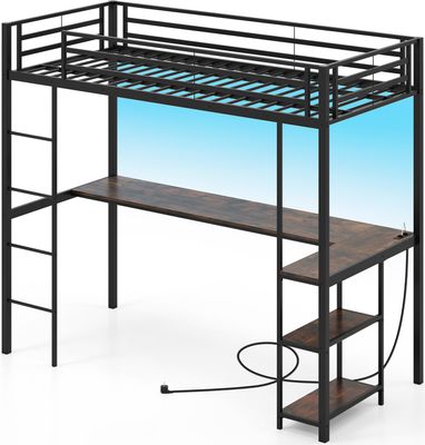 COSTWAY loft łóżko piętrowe 90x200cm z biurkiem, diodami LED, stacją ładującą, 2 półkami, barierką i drabinką, łóżko piętrowe dla dzieci metalowe czarne