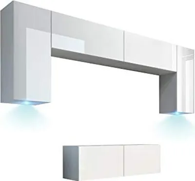Obrázek produktu pro Furnitech Obývací stěna - Nábytek do obývacího pokoje s LED Blue - Závěsná skříňka Moderní - Police a TV skříňka (Future C2/HG/W2 1A)