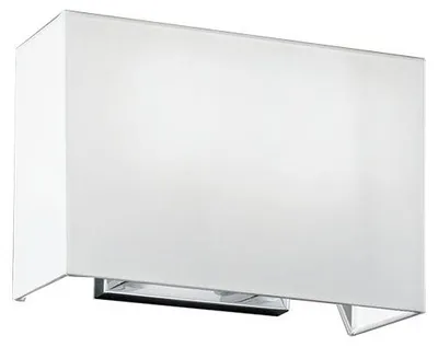 Imagen del producto de Lámpara de pared fabricada en metal cromado cepillado, con doble portalámparas E27 y pantalla de tela blanca, ideal para la iluminación interior. - Perenz