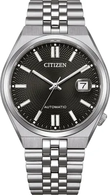 A close-up, front-facing studio shot of a men's wristwatch with a silver metal band and a black textured dial.