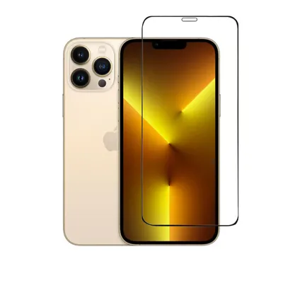 A gold iPhone 13 Pro Max is shown next to a screen protector.