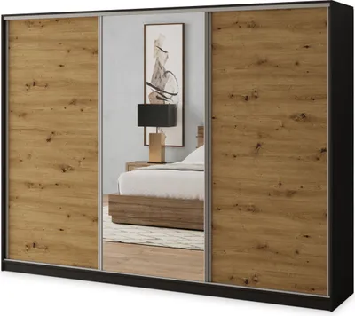 Produktbild von Masseno Schiebetürenschrank SORE 270/205/58 cm Kleiderschrank mit 4 Schubladen Schlafzimmer Schrank 3-türig mit Spiegel Schwarz / Eiche Artisan