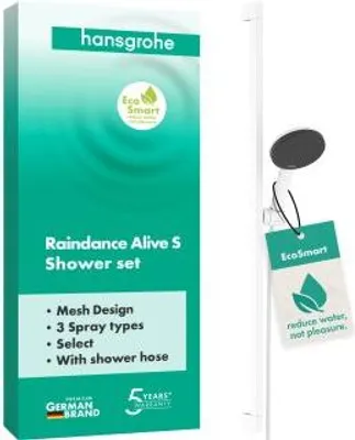 Zdjęcie produktu dla Zestaw prysznicowy hansgrohe Raindance Alive Select S 125 3-jet EcoSmart z drążkiem prysznicowym Unica E PURO 90 cm i uchwytem Easy Slide, 24601700