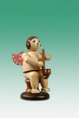 Produktbild von Holzfigur Musikantenengel mit Heckelphon sitzend mit Krone natur Höhe 6,5cm NEU
