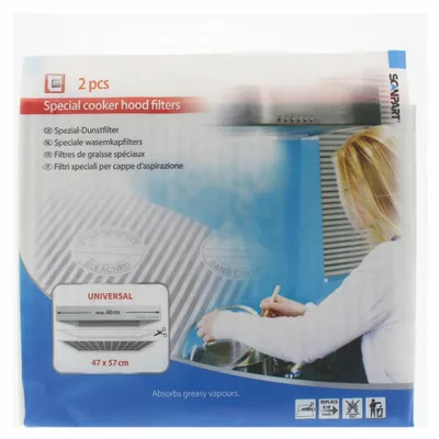 Packaging for special cooker hood filters, showing a person using a cooker hood.