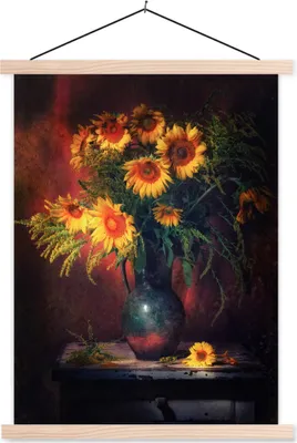 Produktbild von MuchoWow® Textilposter Sonnenblumen - Vase - Stilleben 120x160 cm mit holzfarbenen Rahmen - Plakatkarton