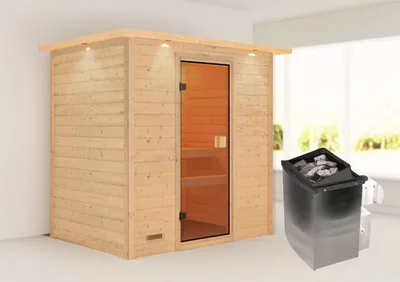 Produktbild von Karibu Sauna Innensauna Selena Fronteinstieg Ofen 9 kW integr. Strg 223x159x191 cm mit Dachkranz