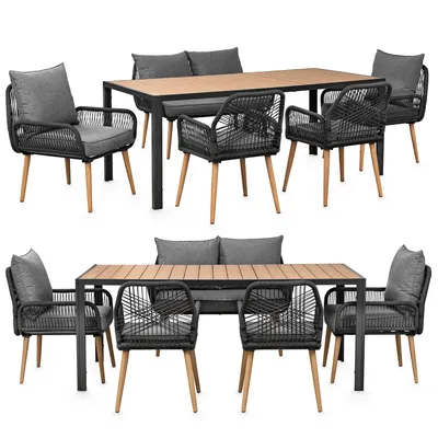 Two identical outdoor seating sets, each with a table and chairs, are shown against a white background.