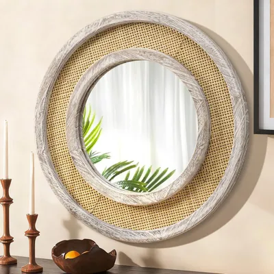 Zdjęcie produktu dla Okrągłe lustro ścienne z drewnianą ramą, średnica 40 cm, kolor: kremowy