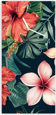 Produktbild von Wanduhr aus Glas mit Motiv Tropenblumen- 30 x 60 cm - inkl. Aufhängesystem