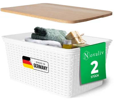 Obrázek produktu pro Novaliv Sada 2 elegantních úložných košů s dřevěným víkem v ratanovém vzhledu | Bílý plast bezpečný pro potraviny 14 l - ideální pro skladování v koupelně a oblečení. Úložný box koupelnový koš.