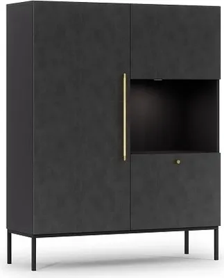 Produktbild von Quadratischer Schrank / Anrichte / Vitrine, Drehtürenschrank mit Schubladen Schwarz Falttürenschrank 2-türig Schrank mit Einlegeböden, Garderobe - Kinderzimmer, Schlafzimmer - 120 x 40 x 150 - vitrine Katia 120 ( Schwarz mat / Schwarz mat)