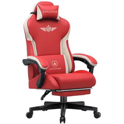 A red and cream gaming chair is shown against a white background.