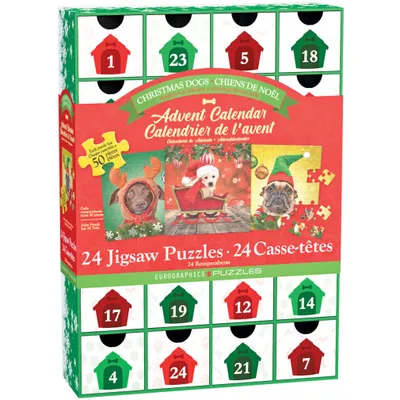 A Christmas-themed advent calendar box featuring dogs.