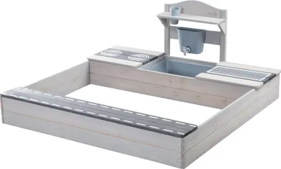 Produktbild von roba Sandkasten mit Matschküche und Sitzbank - Massivholz grau, als Straße bemalte Sitzbank - Spielfreude mit Sand & Wasser für Kinder
