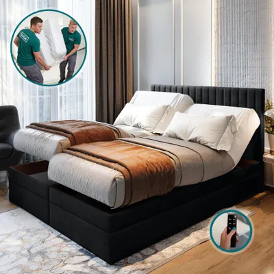 A bedroom scene featuring an adjustable bed with two mattresses, pillows, and blankets. Two men in green shirts are visible in a circular inset, carrying a mattress. A remote control is shown in a circular inset in the lower right corner.