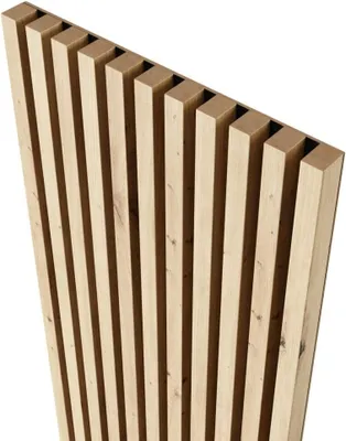 A close-up, angled view of wooden acoustic panels with vertical slats.